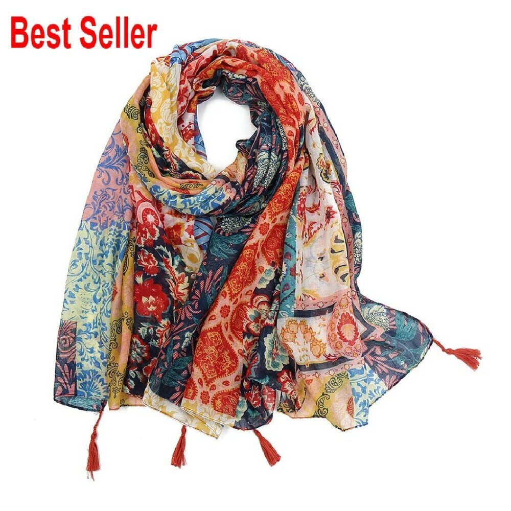 Boho Floral Printed Scarf Lightweight Fringed Shawl Elegant Versatile Wear